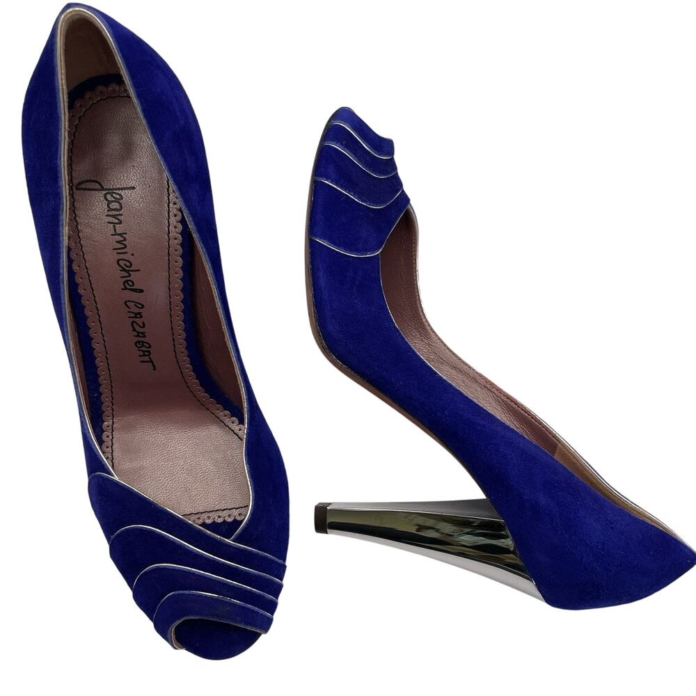 Jean Michel Cazabat Size 6 Suede Leather High Heels Royal Blue Silver Peep Toe